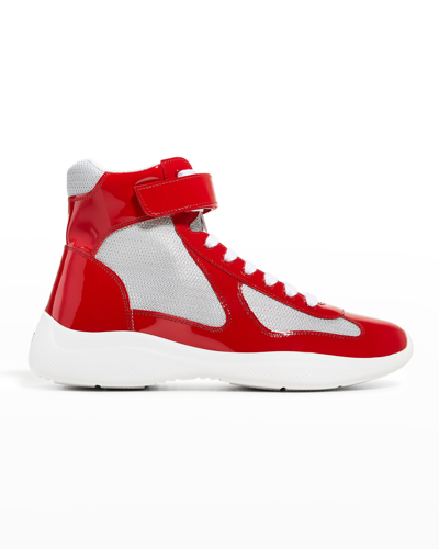 Prada Men's America's Cup High-top Patent Leather Trainers In Rosso Argento