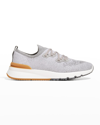 Brunello Cucinelli Leather-trimmed Stretch-knit Sneakers In Grey