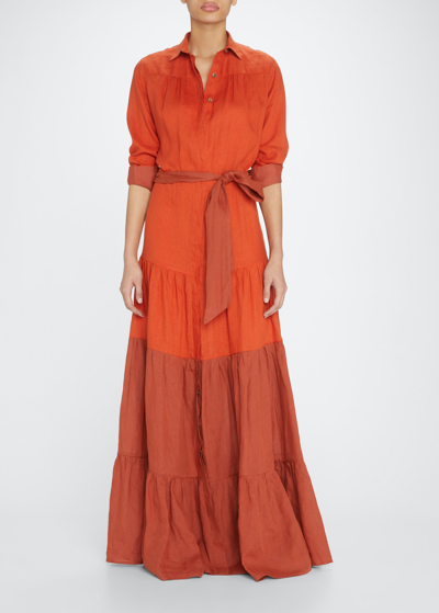 Kiton Two-tone Tiered Tie-front Linen Maxi Dress In Red Mult