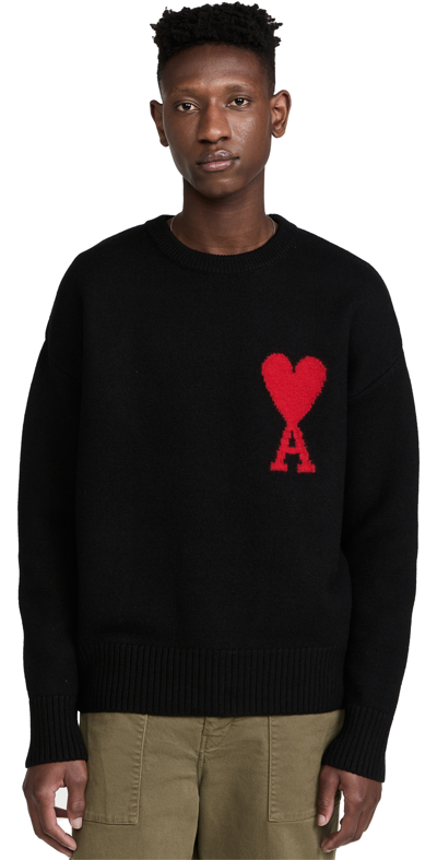 Ami Alexandre Mattiussi Ami Paris Logo Intarsia Crewneck Knitted Jumper In Black & Red