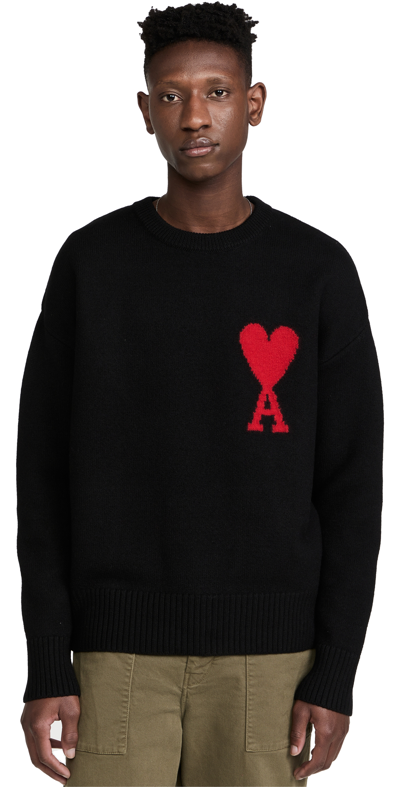 Ami Alexandre Mattiussi Ami Paris Wool Sweater With Heart Intarsia Design In Black