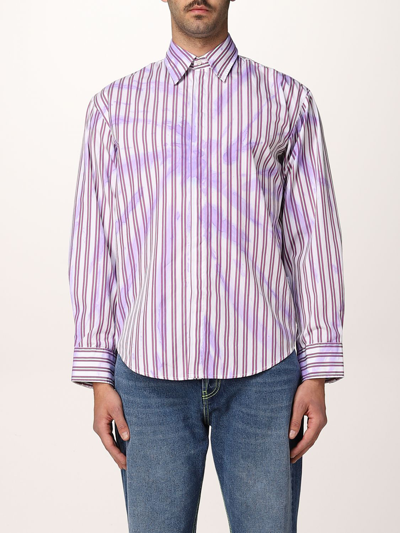 Msgm Shirt With Tie Dye Stripes With Logo In Yellow Cream