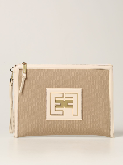 Elisabetta Franchi Clutch Bag In Canvas In Beige ModeSens