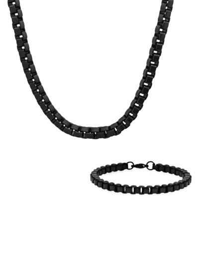Anthony Jacobs Men's 2-piece Black Ip Stainless Steel Box Chain Bracelet & Necklace Set