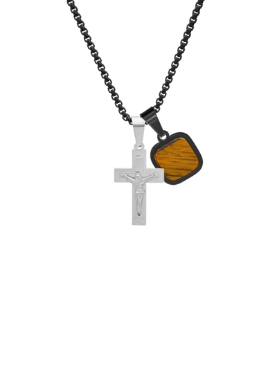 Anthony Jacobs Men's Two-tone Stainless Steel & Tiger Eye Cross & Dog Tag Pendant Necklace In Black