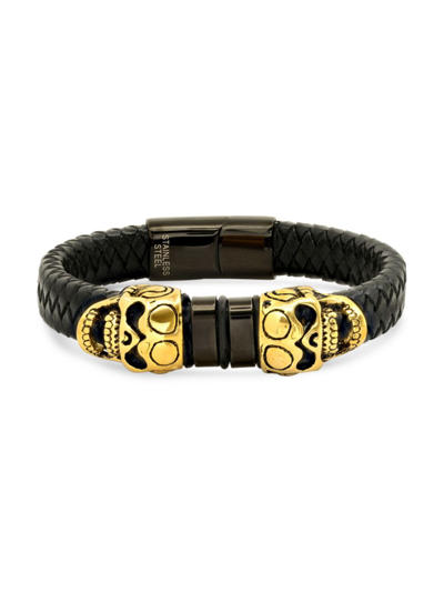 Anthony Jacobs Men's 18k Goldplated & Leather Braided Skull Bracelet