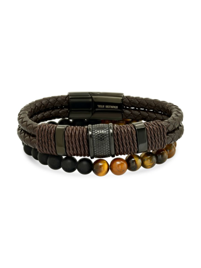 Anthony Jacobs Men's 2-piece Black Ip Stainless Steel, Leather & Tiger Eye Bracelet Set