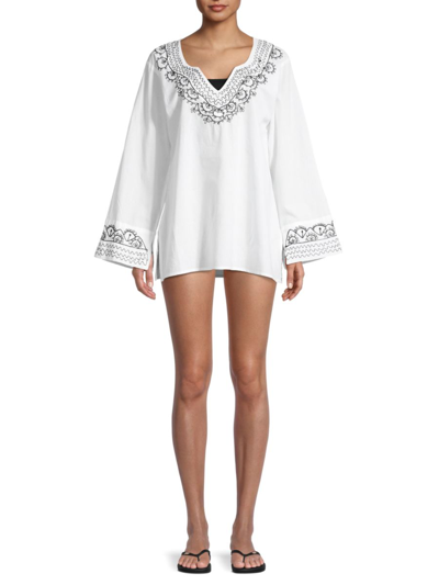 La Moda Clothing Women's Embroidered Coverup Tunic In White