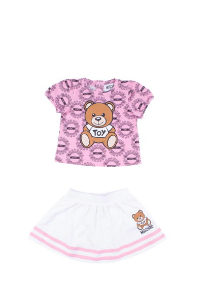 Moschino Kids' Teddy Bear Striped Logo-print Pleated Skirt In Multicolor