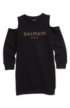 BALMAIN KIDS' STUDDED LOGO COLD SHOULDER SWEATSHIRT DRESS