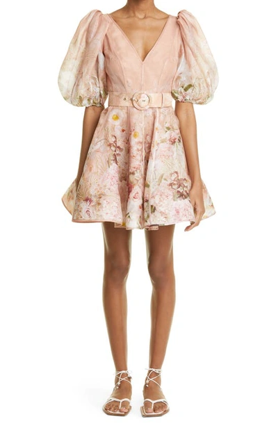 Zimmermann Dancer Belted Floral-print Silk And Linen-blend Organza Mini Dress In Pink