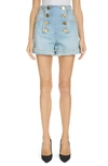 Balmain Button-front Denim Shorts In 6fc Bleu Jean Clair