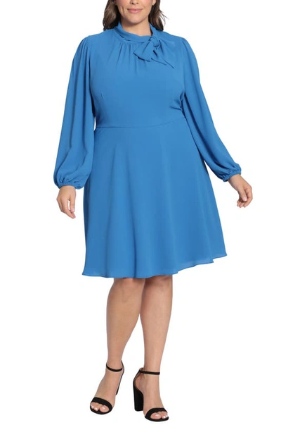 Maggy London Tie Neck Long Sleeve Fit & Flare Dress In Dazzling Blue