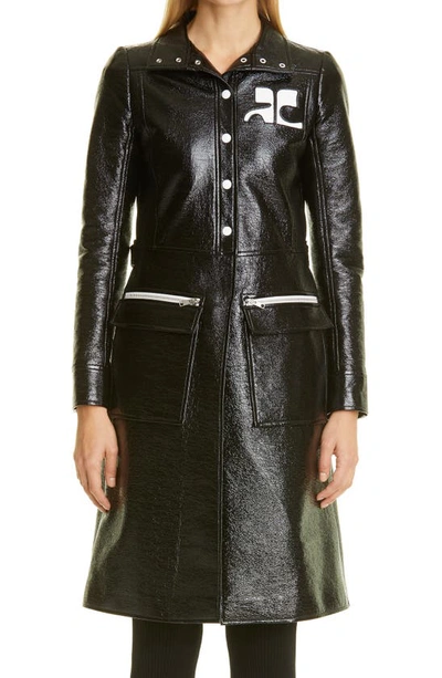 Courrèges Logo-print Lacquered-effect Trench Coat In Black