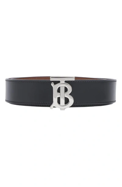 Burberry Tb Monogram Buckle Reversible Leather Belt In Black