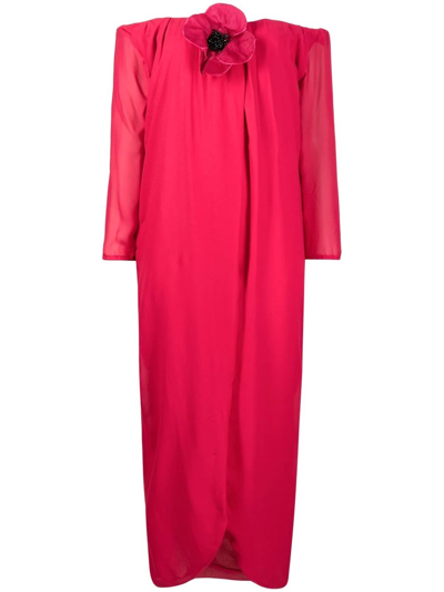Pre-owned Saint Laurent 1990s Floral Detail Off-shoulder Silk Dress In Pink