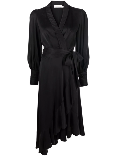 Zimmermann Long-sleeve Wrap Silk Midi Dress In Black