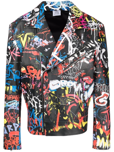 Vetements Graffiti-print Leather Biker Jacket In Multicolor