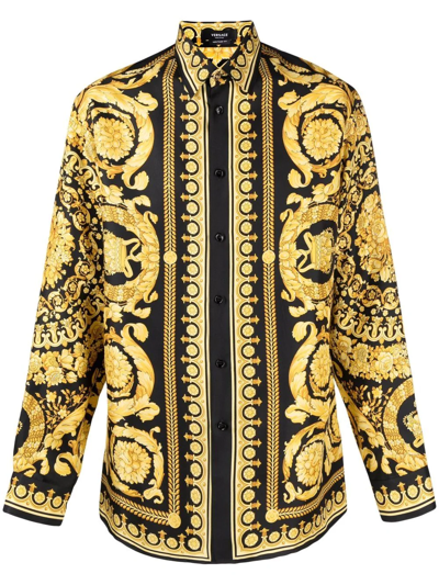 Versace Barocco Print Long-sleeve Silk Shirt In Multi-colored