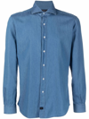 Fay French Collar Shirt In Stone-washed Denim In Blue