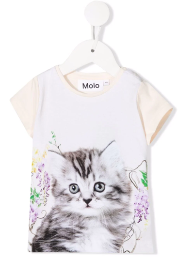 Molo Babies' Kitten-motif Organic-cotton T-shirt In Neutrals