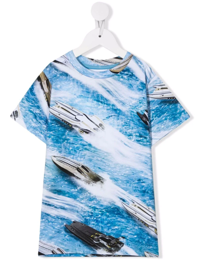 Molo Kids' Boat-motif Organic-cotton T-shirt In Blue