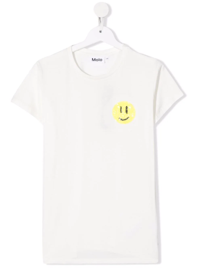Molo Kids' Girl's Ranva Short-sleeve Tee With Sequin Smiley In White