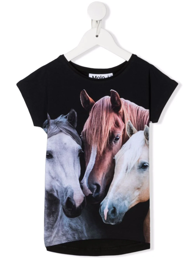 Molo Kids' Horse-head Motif Organic-cotton T-shirt In Black