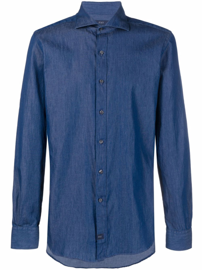 Fay French Collar Shirt In Stone-washed Denim In Blau