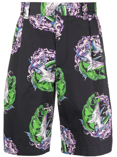 Msgm Graphic-print Straight-leg Shorts In Black