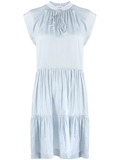 Zadig & Voltaire Rito Satin Self-tie High Neck Tiered Mini Dress In Nuage