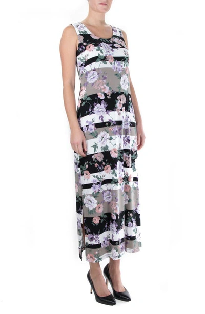 Nina Leonard Patterned Maxi Dress In Blk Mink Multi Botanical Strip