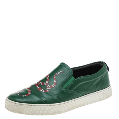 Pre-owned Gucci Green Leather Dublin Snake Print Slip On Trainers Size 42