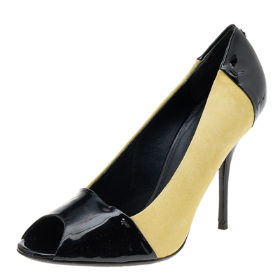 Pre-owned Gucci Black/yellow Patent Leather And Suede Peep Toe Pumps Size 38.5