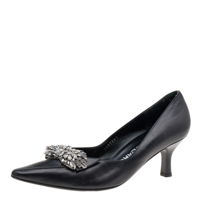 Pre-owned Ferragamo Black Leather Crystal Embellished Pumps Size 38.5