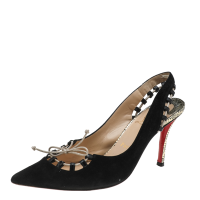 Pre-owned Christian Louboutin Black Suede Whipstitch Pointed Toe Slingback Sandals Size 38