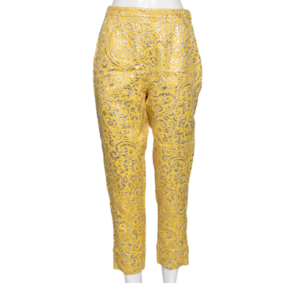 Pre-owned Dolce & Gabbana Yellow Lurex Floral Jacquard Cropped Trousers S