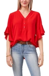 Vince Camuto Flutter Sleeve Henley Blouse In Red Hot
