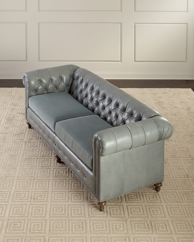 Massoud Sabine Leather Chesterfield Sofa, 93" In Steel Gray Blue