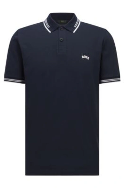 Hugo Boss Stretch-cotton Slim-fit Polo Shirt With Curved Logo In Dark Blue