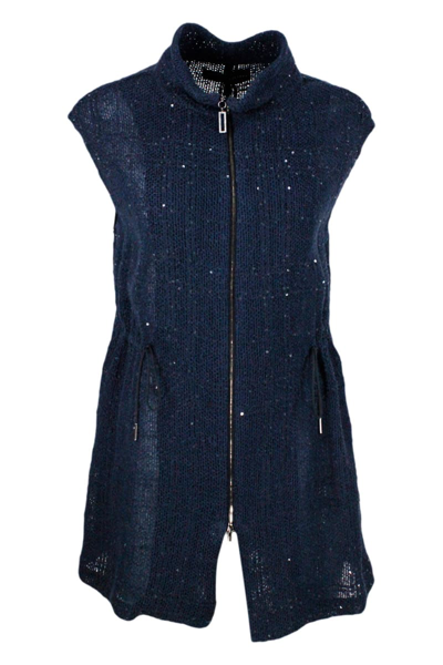 Fabiana Filippi Waistcoat In Linen Blend, Medium Length With Zip Closure In Blu