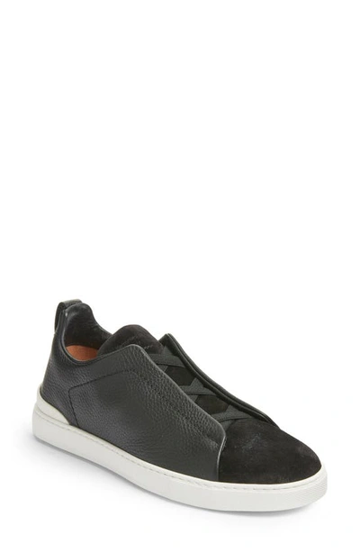 Zegna Leather Triple Stitch Sneakers In Black