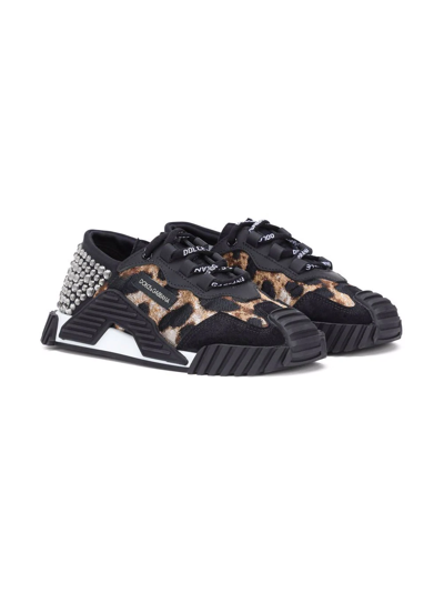 Dolce & Gabbana Kids' N61 Animal Print Leather Trainers In Neutrals