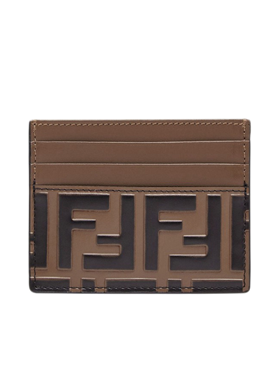 Fendi Flat Business Card Holder In Brown Leather In Black