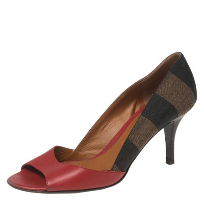 Pre-owned Fendi Tri-color Leather And Pequin Canvas Open-toe Pumps Size 35.5 In Red