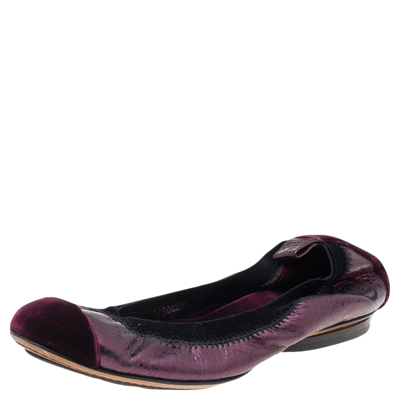 Pre-owned Chanel Black/purple Velvet And Leather Scrunch Cc Cap Toe Ballet Flats Size 34.5