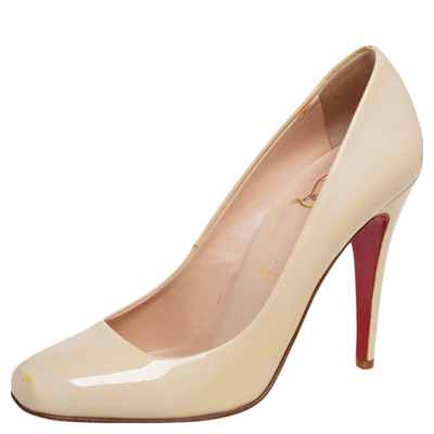 Pre-owned Christian Louboutin Beige Patent Leather Square Toe Pumps Size 38 In Cream