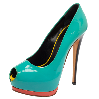 Pre-owned Giuseppe Zanotti Turquoise Patent Leather Peep-toe Platform Pumps Size 36 In Green