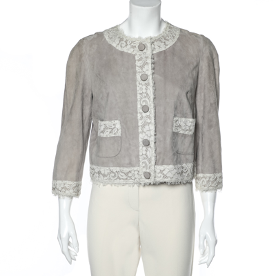 Pre-owned Dolce & Gabbana Beige Suede & Lace Trim Button Front Blouson Jacket M