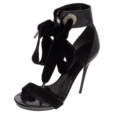Pre-owned Alexander Mcqueen Black Patent Leather Suede And Velvet Bow Ankle Sandals Size 38